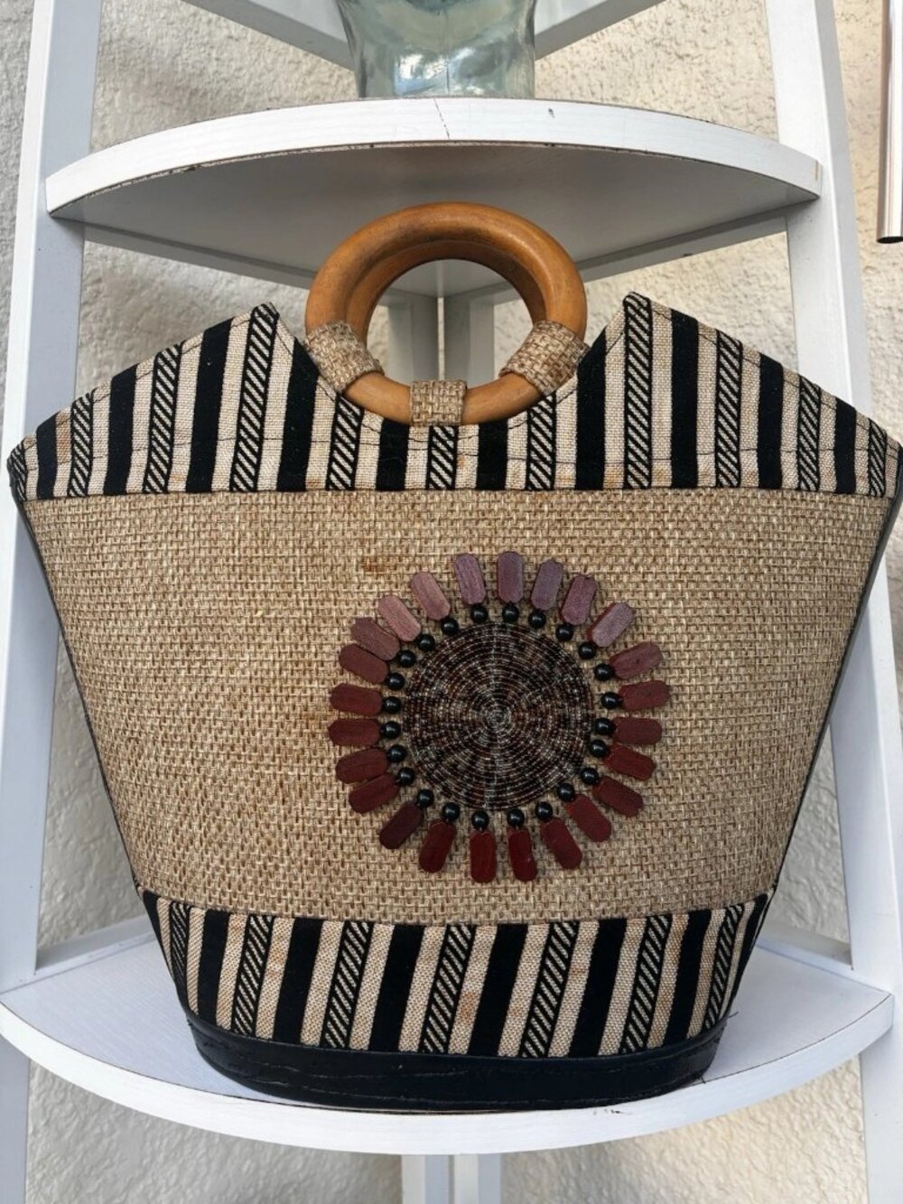 Vintage Large Woven Boho Tote Bag Wooden Handles Beaded
